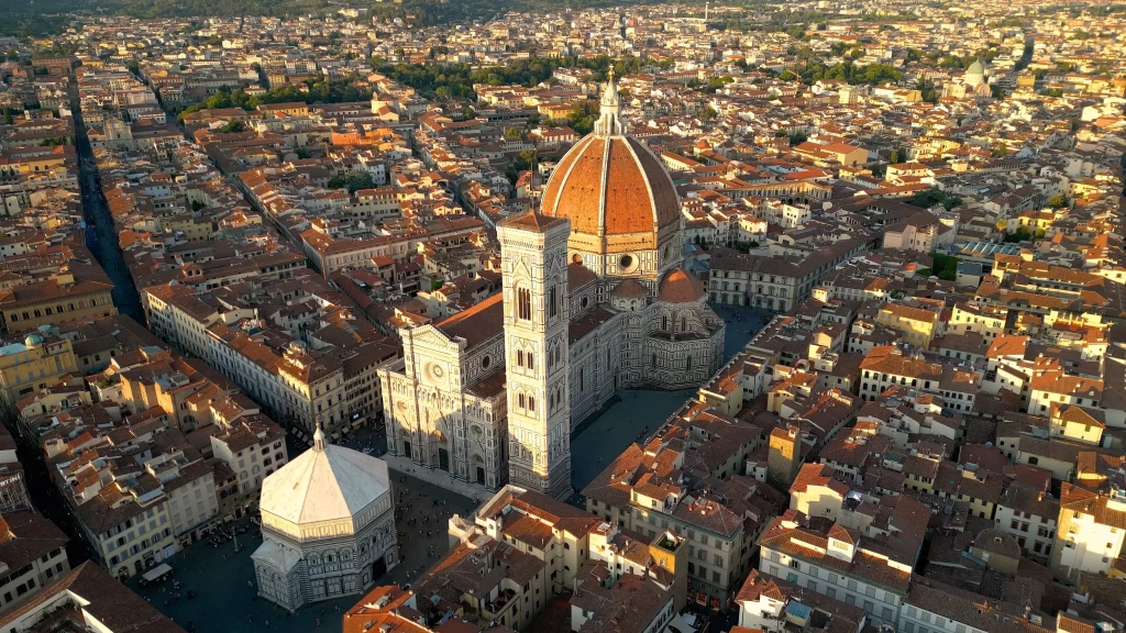 Aerial view of the Florence Cathedral and surrounding cityscape.